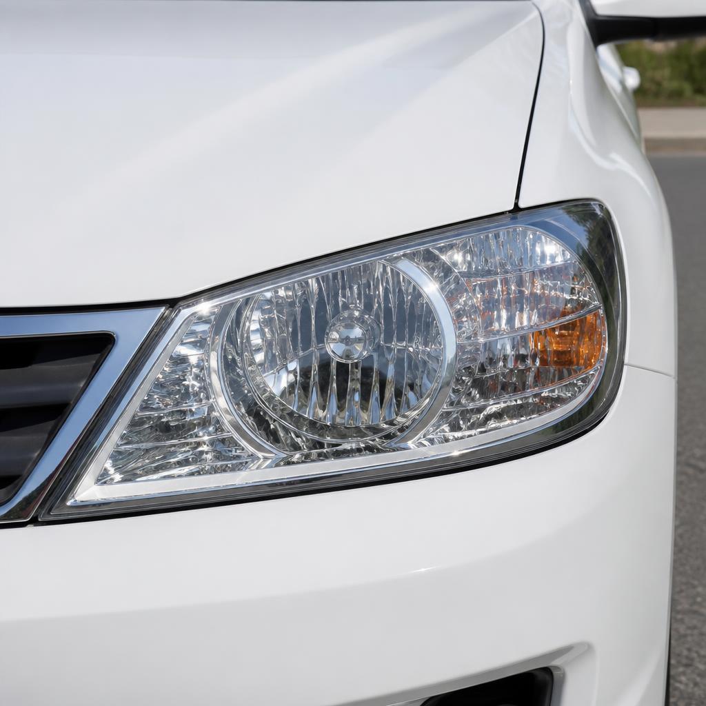 White sedan headlight after restoration